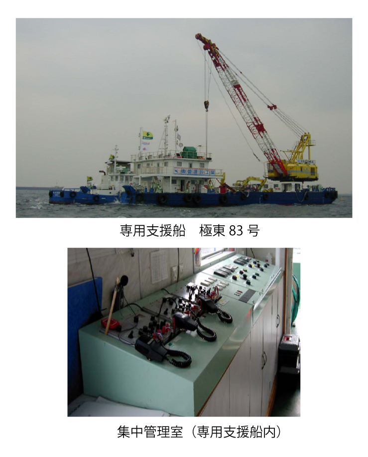 水中バックホウに支援船として起重機船を使用