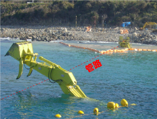 水中バックホウの配管配線工事　掘削